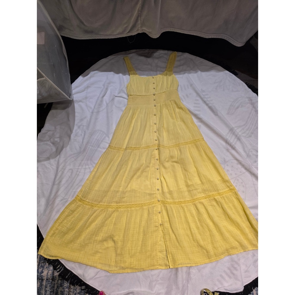 American Eagle Yellow Smocked Waist Button Front Tiered Maxi Dress XS
